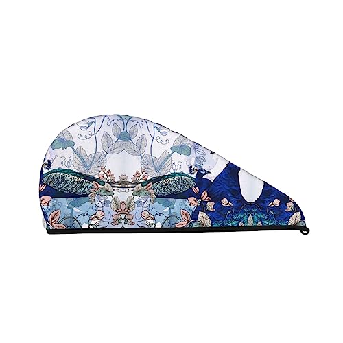 Haartrockentuch mit Pfauen-Blumenmuster, schnell trocknend, saugfähig, Korallensamt, Trockenhaarkappe mit festem Knopf zum Trocknen von langem, dickem Haar von Oudrspo