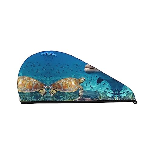 Haartrocknungstuch mit Meeresschildkröte, Delfin und Fisch, bedruckt, schnell trocknend, saugfähig, aus Korallensamt, Trockenhaarkappe mit festem Knopf zum Trocknen von langem, dickem Haar von Oudrspo