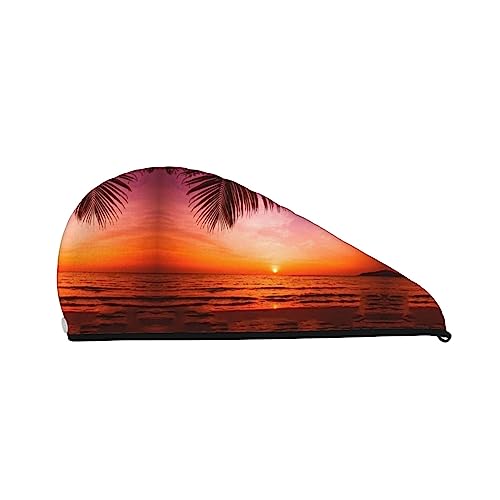 Haartrocknungstuch mit Palmenblatt-Meer-Motiv, schnell trocknend, saugfähig, Korallensamt, Trockenhaarkappe mit festem Knopf zum Trocknen von langem, dickem Haar von Oudrspo