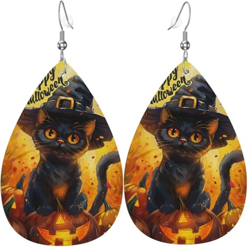 Halloween Kürbis Schwarze Katze Aquarell Weihnachtsblätter Leder Tropfenohrringe Für Frauen Dekorationen von Oudrspo