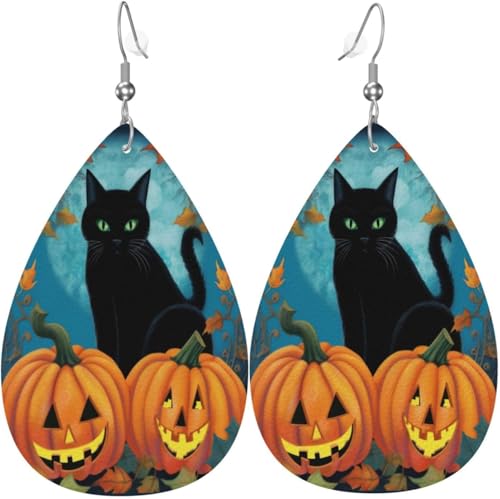 Halloween Maples Schwarze Katze Kürbis Ahornblatt Blume Leder Teardrop Ohrringe Für Frauen Dekorationen von Oudrspo