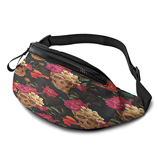 Hüfttasche Pack Vintage Blumen und Totenkopf Robuste Reißverschlüsse Laufgürtel Große Kapazität Hüfttasche Tasche Für Telefon Reisepass Brieftasche Kassenbox Für Männer Frauen Reisetasche Mit Kopfhö von Oudrspo