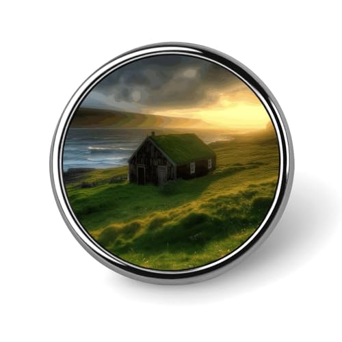 Islandhütte, Gras, Küste, Meer, Sonnenstrahlen, runde Anstecker, Brosche, modische Revers-Krawattennadeln, leichte Metallbrosche für Männer und Frauen, Kostüm, dekoratives Accessoire Islandhütte, Gras, Küste, Meer, Sonnenstrahlen, runde Anstecker, Brosche, modische Revers-Krawattennadeln, leichte Metallbrosche für Männer und Frauen, Kostüm, dekoratives Accessoire von Oudrspo