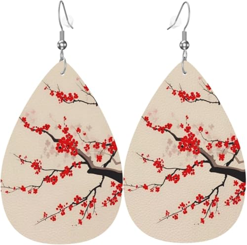 Kirschblüten-Aquarell-Zweige und Blätter, Leder-Tropfenohrringe für Frauen, Hochzeitsdekorationen von Oudrspo
