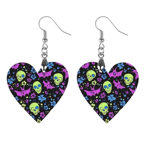 Klassische Holzohrringe mit Totenköpfen, Fledermäusen und Blumen, federleicht, künstlerischer Anhänger, Ohrhaken, Vintage-Schmuck für Frauen von Oudrspo