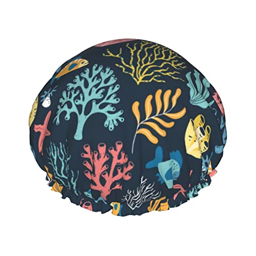 Korallen-Duschhaube, 1er-Set, große Öffnung, Stretch-Badekappe mit elastischem Seil, wasserdicht, doppellagig, Bademütze, wiederverwendbar, für Damen, Herren und Kinder, doppellagige wasserdichte Ba von Oudrspo