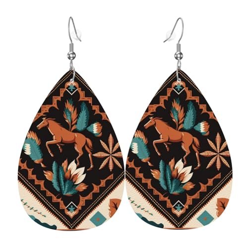 Leder-Ohrringe in Tropfenform, leichte Ohrhänger für Damen – Boho-Western-Navajo-Pferd, geblümt, weiß von Oudrspo