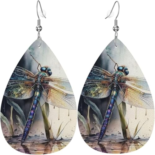 Leder-Ohrringe in Tropfenform, leichte baumelnde Tropfenohrringe für Damen – Aquarell-Libelle im Vintage-Stil, Weiß von Oudrspo