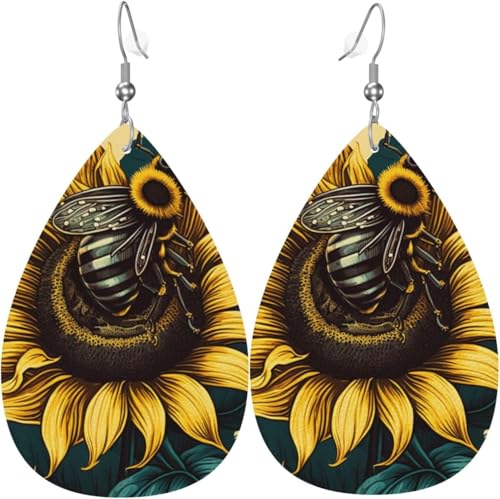 Leder-Ohrringe in Tropfenform, leichte baumelnde Tropfenohrringe für Damen – Biene, Sonnenblume, Vintage, Weiß von Oudrspo