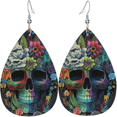 Leder-Ohrringe in Tropfenform, leichte baumelnde Tropfenohrringe für Damen – Blumenmuster mit Zuckerschädel, weiß von Oudrspo