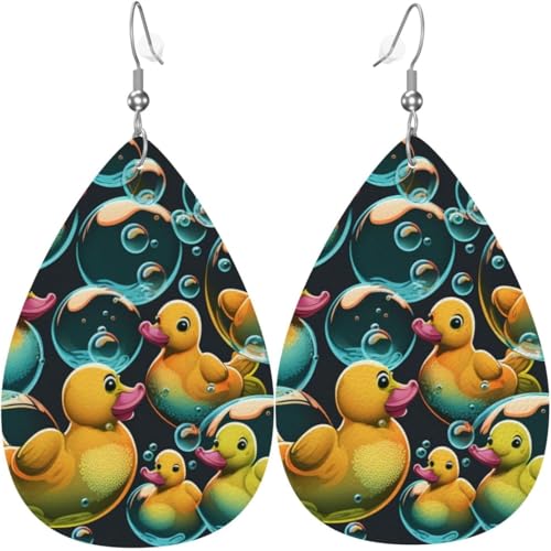 Leder-Ohrringe in Tropfenform, leichte baumelnde Tropfenohrringe für Damen – Cartoon-Gummiente/Bubbles Retro, Weiß von Oudrspo