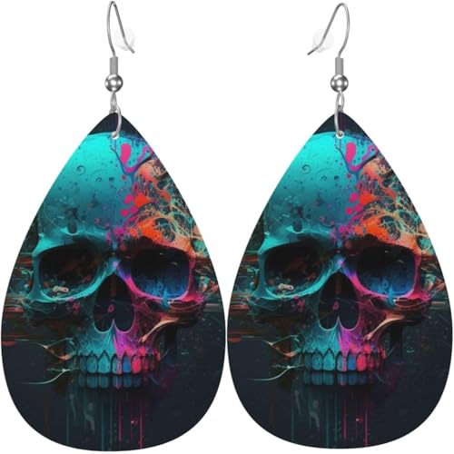Leder-Ohrringe in Tropfenform, leichte baumelnde Tropfenohrringe für Damen – Coole Totenkopf-Spritzfarbe, Weiß von Oudrspo