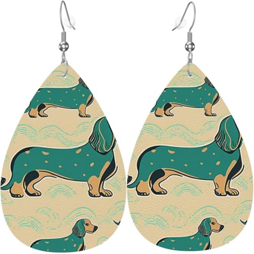 Leder-Ohrringe in Tropfenform, leichte baumelnde Tropfenohrringe für Damen – Dackelmuster, Retro-Vintage, Weiß von Oudrspo