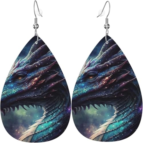 Leder-Ohrringe in Tropfenform, leichte baumelnde Tropfenohrringe für Damen – Drache, Cool Art Galaxy, Weiß von Oudrspo