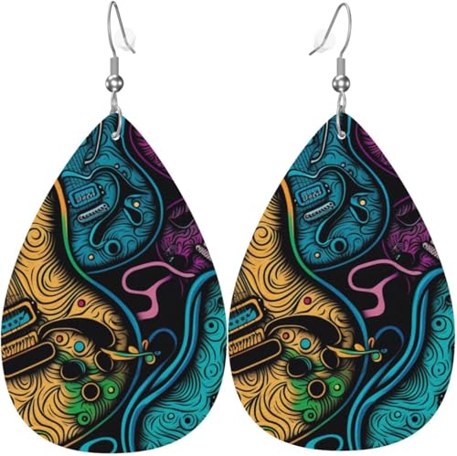 Leder-Ohrringe in Tropfenform, leichte baumelnde Tropfenohrringe für Damen – E-Gitarren, Rockmusik, bunt, weiß von Oudrspo