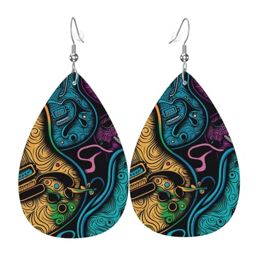 Leder-Ohrringe in Tropfenform, leichte baumelnde Tropfenohrringe für Damen – E-Gitarren, Rockmusik, bunt, weiß von Oudrspo