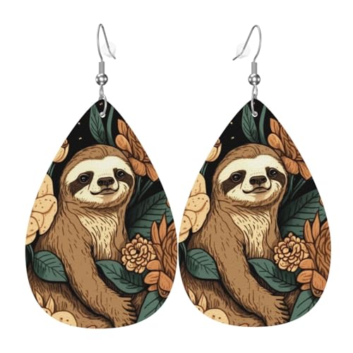 Leder-Ohrringe in Tropfenform, leichte baumelnde Tropfenohrringe für Damen – Faultier-Blume im Vintage-Stil, weiß von Oudrspo