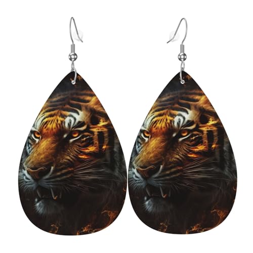 Leder-Ohrringe in Tropfenform, leichte baumelnde Tropfenohrringe für Damen – Feuerkönig-Tigergesichtskunst, weiß von Oudrspo