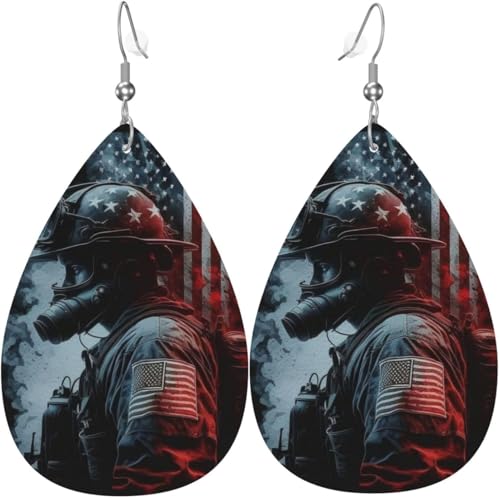 Leder-Ohrringe in Tropfenform, leichte baumelnde Tropfenohrringe für Damen – Feuerwehrmann-Amerikanische Flagge, weiß von Oudrspo