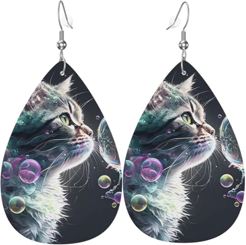 Leder-Ohrringe in Tropfenform, leichte baumelnde Tropfenohrringe für Damen – Katzen-Blasen, weiß von Oudrspo