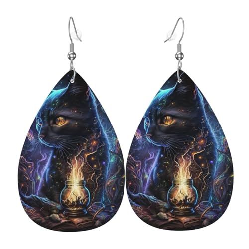 Leder-Ohrringe in Tropfenform, leichte baumelnde Tropfenohrringe für Damen – Magic Cat Dark Death Cool, Weiß von Oudrspo