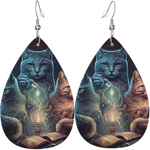 Leder-Ohrringe in Tropfenform, leichte baumelnde Tropfenohrringe für Damen – Magic Cats Retro-Katze, weiß von Oudrspo