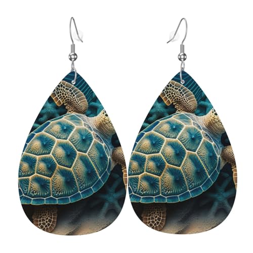 Leder-Ohrringe in Tropfenform, leichte baumelnde Tropfenohrringe für Damen – Meeresschildkröte, Kunst, weiß von Oudrspo
