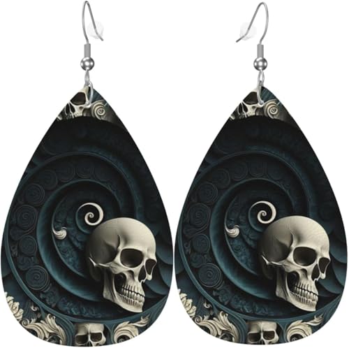 Leder-Ohrringe in Tropfenform, leichte baumelnde Tropfenohrringe für Damen – Spiralförmiger Totenkopf und Knochen, weiß von Oudrspo
