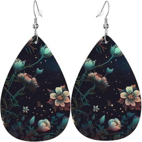 Leder-Ohrringe in Tropfenform, leichte baumelnde Tropfenohrringe für Damen – Sternenhimmel-Blumen, weiß von Oudrspo