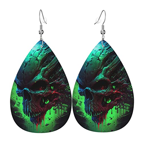 Leder-Ohrringe in Tropfenform, leichte baumelnde Tropfenohrringe für Damen – Totenkopf, Alien, Zukunftskunst, Weiß von Oudrspo