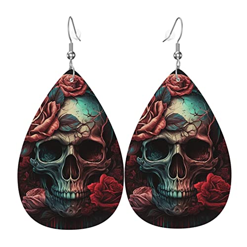Leder-Ohrringe in Tropfenform, leichte baumelnde Tropfenohrringe für Damen – Totenkopf, Tod, Rosen, Retro, Weiß von Oudrspo