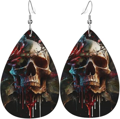 Leder-Ohrringe in Tropfenform, leichte baumelnde Tropfenohrringe für Damen – Totenkopf und Blutrose, Weiß von Oudrspo