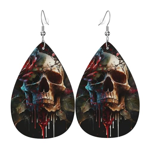 Leder-Ohrringe in Tropfenform, leichte baumelnde Tropfenohrringe für Damen – Totenkopf und Blutrose, Weiß von Oudrspo