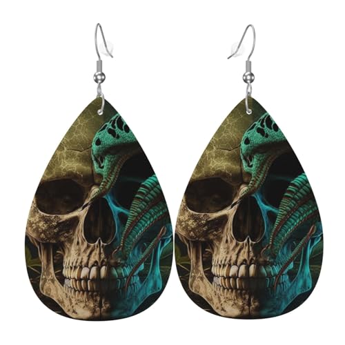 Leder-Ohrringe in Tropfenform, leichte baumelnde Tropfenohrringe für Damen – Totenkopf und coole Schlange, weiß von Oudrspo