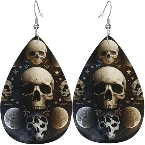 Leder-Ohrringe in Tropfenform, leichte baumelnde Tropfenohrringe für Damen – Totenkopfkopf, magische Mondphasen, weiß von Oudrspo