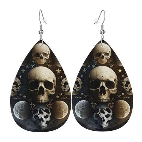 Leder-Ohrringe in Tropfenform, leichte baumelnde Tropfenohrringe für Damen – Totenkopfkopf, magische Mondphasen, weiß von Oudrspo