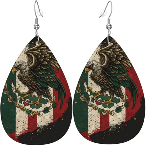 Leder-Ohrringe in Tropfenform, leichte baumelnde Tropfenohrringe für Frauen – Adlerflagge von Mexiko, mexikanische Flaggen, weiß von Oudrspo