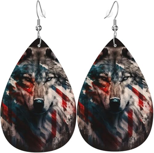 Leder-Ohrringe in Tropfenform, leichte baumelnde Tropfenohrringe für Frauen – Amerikanischer Wolf, USA-Flagge, weiß von Oudrspo