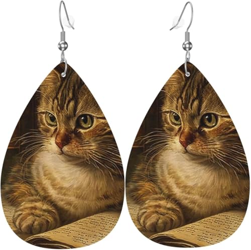 Leder-Ohrringe in Tropfenform, leichte baumelnde Tropfenohrringe für Frauen – Bibliothek, Katzenbücher, Vintage, Weiß von Oudrspo