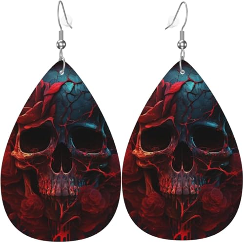 Leder-Ohrringe in Tropfenform, leichte baumelnde Tropfenohrringe für Frauen – Blutrose-Totenkopf-Kunst, weiß von Oudrspo