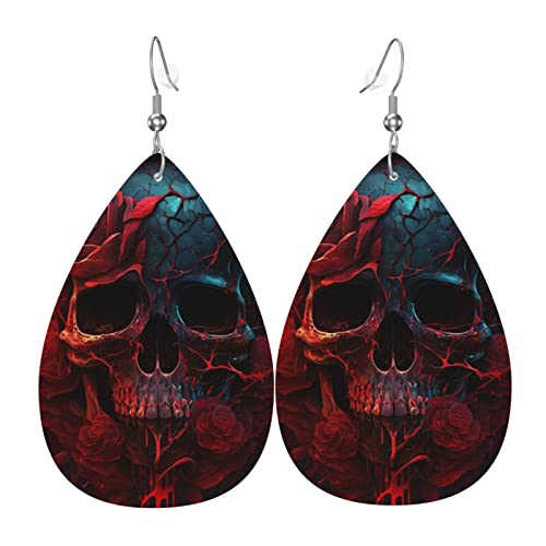 Leder-Ohrringe in Tropfenform, leichte baumelnde Tropfenohrringe für Frauen – Blutrose-Totenkopf-Kunst, weiß von Oudrspo