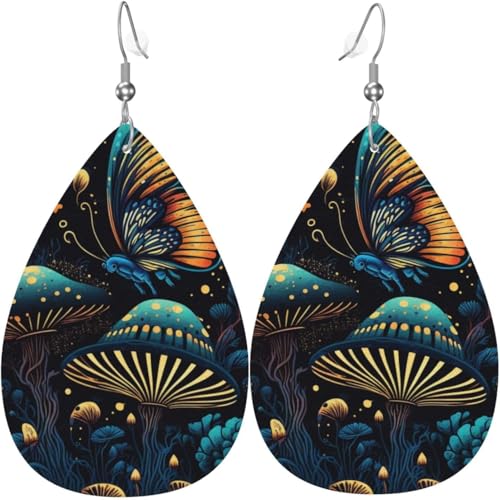 Leder-Ohrringe in Tropfenform, leichte baumelnde Tropfenohrringe für Frauen – Coole Schmetterlings-Pilz-Kunst, weiß von Oudrspo