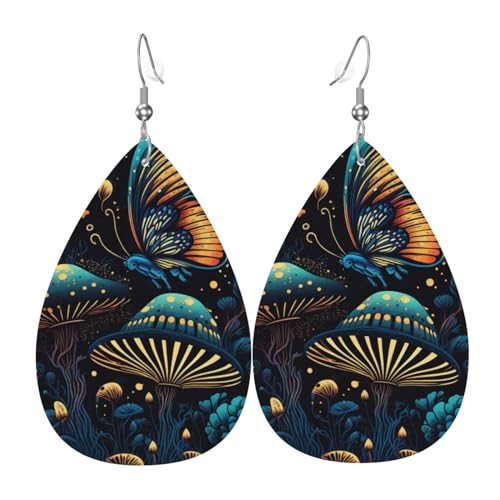 Leder-Ohrringe in Tropfenform, leichte baumelnde Tropfenohrringe für Frauen – Coole Schmetterlings-Pilz-Kunst, weiß von Oudrspo