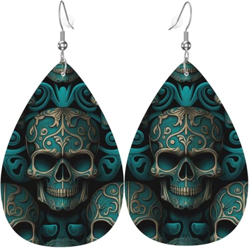 Leder-Ohrringe in Tropfenform, leichte baumelnde Tropfenohrringe für Frauen – Coole Totenkopf-Kopfkunst, weiß von Oudrspo