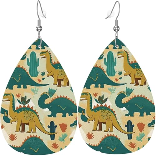 Leder-Ohrringe in Tropfenform, leichte baumelnde Tropfenohrringe für Frauen – Dinosaurier, Dino, süß, weiß von Oudrspo