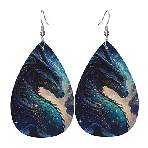 Leder-Ohrringe in Tropfenform, leichte baumelnde Tropfenohrringe für Frauen – Drache, cooler Sternenhimmel, Mond, weiß von Oudrspo