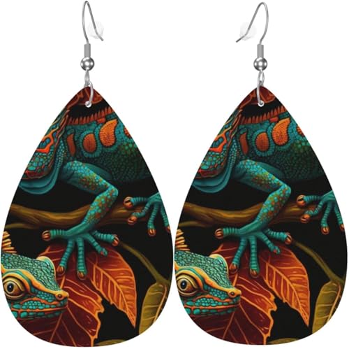 Leder-Ohrringe in Tropfenform, leichte baumelnde Tropfenohrringe für Frauen – Eidechsen, Eidechsenkunst, bunt, weiß von Oudrspo