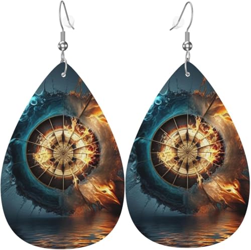 Leder-Ohrringe in Tropfenform, leichte baumelnde Tropfenohrringe für Frauen – Feuer, Wasser, Dartscheibe, brennend, cool, weiß von Oudrspo