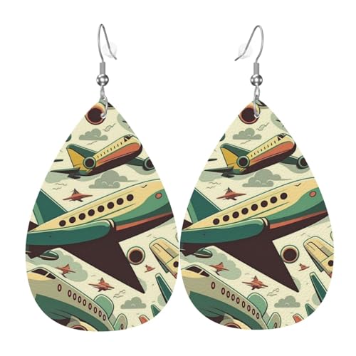 Leder-Ohrringe in Tropfenform, leichte baumelnde Tropfenohrringe für Frauen – Flugzeuge fliegen Cartoon Vintage, weiß von Oudrspo
