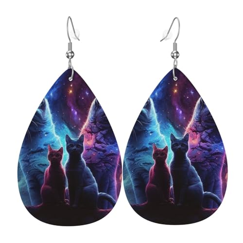 Leder-Ohrringe in Tropfenform, leichte baumelnde Tropfenohrringe für Frauen – Galaxy Cats, Katzenkunst, Weiß von Oudrspo